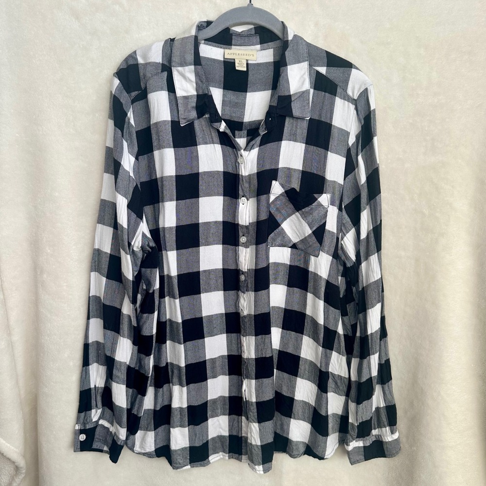 Appleseed's Womens Black White Buffalo Check Flannel Button Up Sz‎ XL